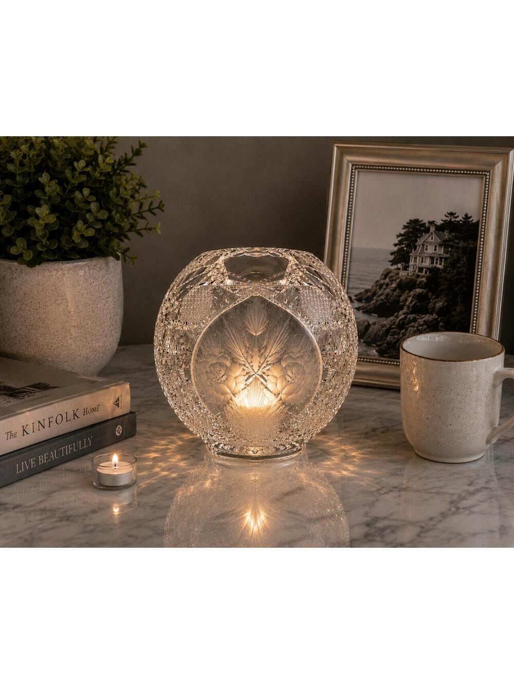 Vintage Heavy Cut Crystal Rose Bowl Candle Holder Floral/Geometric Pattern 5.5"